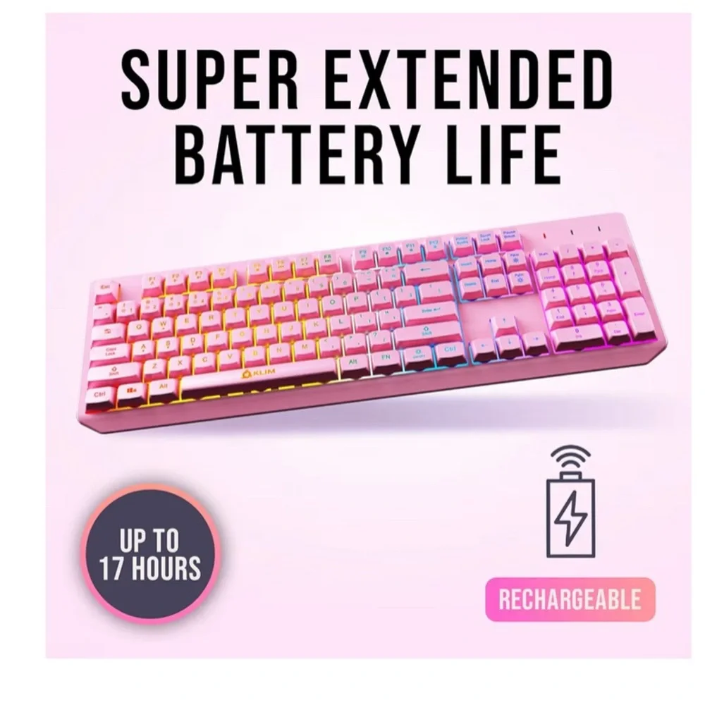 KLIM Chroma Pink Wireless Keyboard – RGB Backlit, Rechargeable Battery